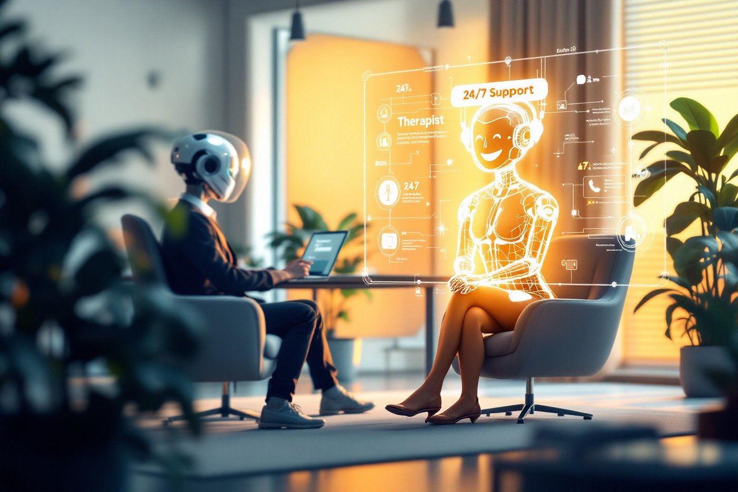 Persona utilizando un psicólogo IA 24/7 en un entorno flexible, ilustrando sus beneficios.