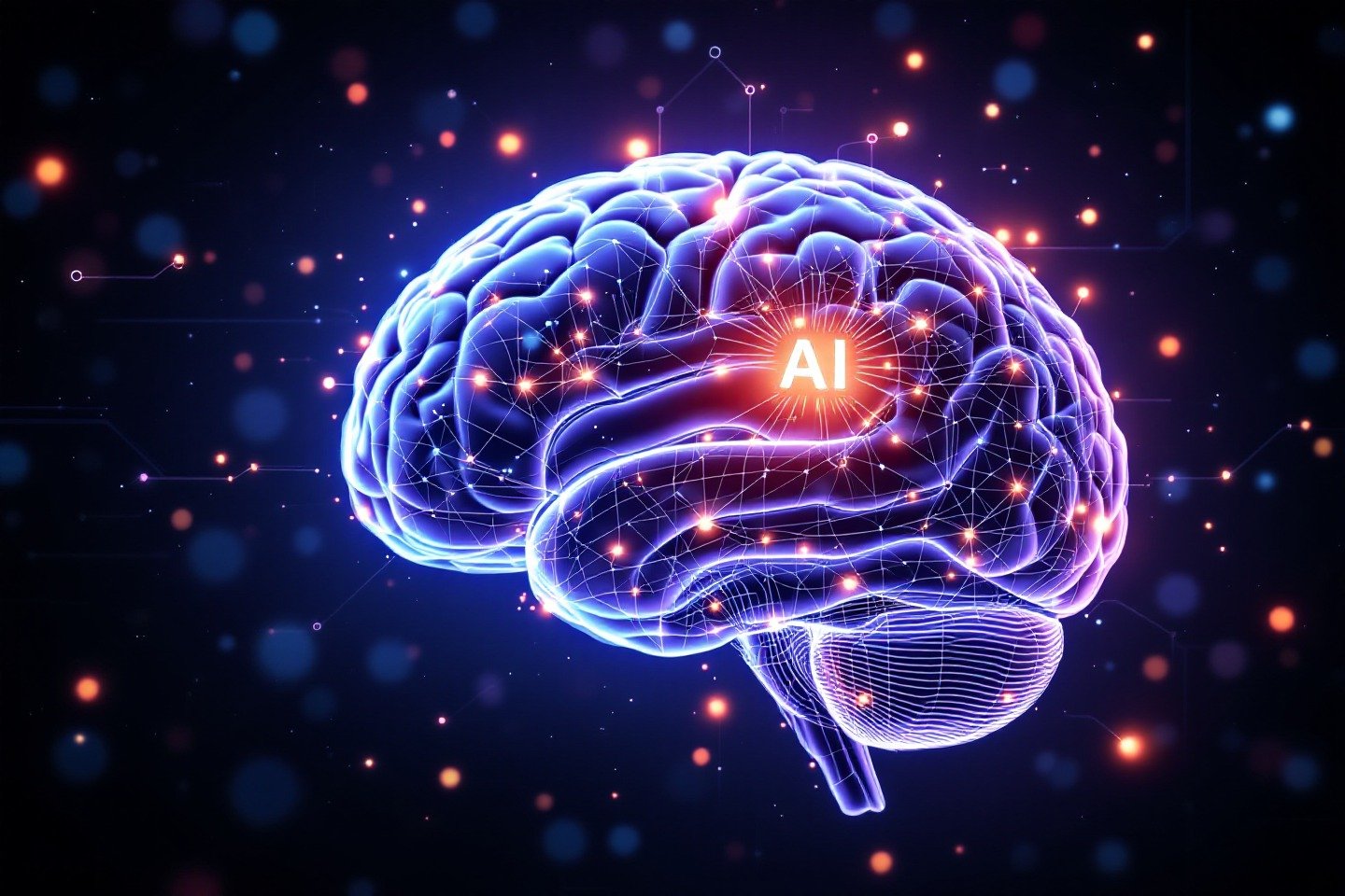 Una ilustración de un cerebro humano conectado a un circuito de IA, representando la evolución psicología y la integración de la terapia con IA, historia de la terapia psicológica