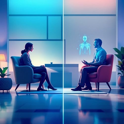 Un diseño gráfico con dos columnas comparando la terapia con IA y la terapia humana tradicional, destacando las ventajas y desventajas de cada uno.